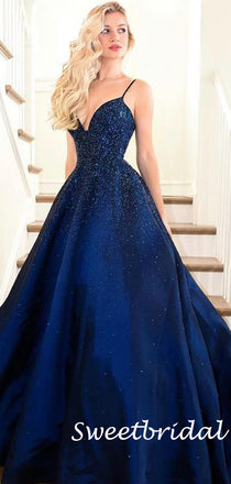 Sexy V-neck Spaghetti Strap A-line Tulle Lace Long Prom Dresses.SW1181