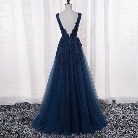 Fashion A-Line V Neck Long Tulle Prom Dresses Lace Evening Dress, MD314
