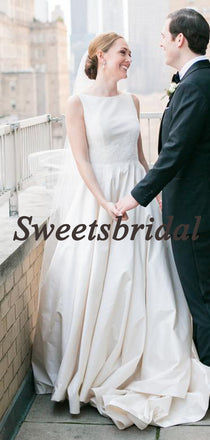 Pretty Round Neck A-line Lace Satin Sleeveless Long Wedding Dresses Evening Dresses, WD1131