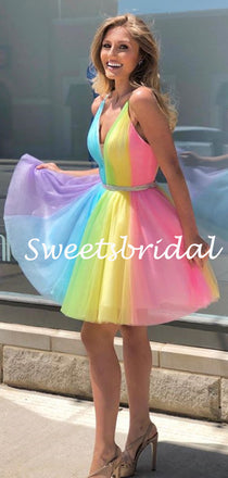 Simple V-neck Tulle Mini Short Homecoming Dresses, BTW298