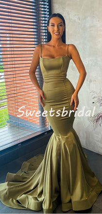 Spaghetti Strap Mermaid Satin Simple Long Evening Prom Dresses, PD0034