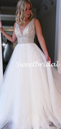 Simple V-neck A-line Tulle Evening Party Prom Dresses,SW1137