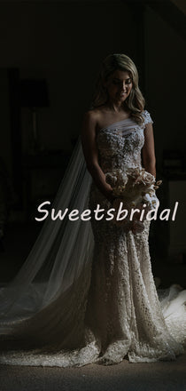 Pretty One-shoulder Lace Mermaid With Train Appliques Long Wedding Dresses Evening Dresses, WD1123