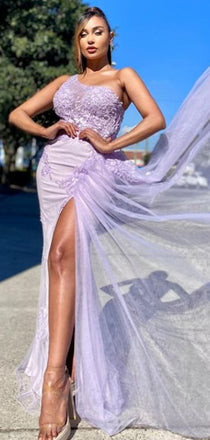 Sexy Backless Mermaid Lace Tulle Side Slit Formal Prom Dresses, PD0150