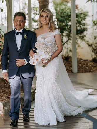 Pretty One-shoulder Lace Mermaid With Train Appliques Long Wedding Dresses Evening Dresses, WD1123
