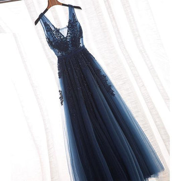 Fashion A-Line V Neck Long Tulle Prom Dresses Lace Evening Dress, MD314