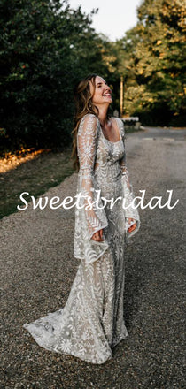 Vintage Sexy Mermaid Lace Long Sleeves Long Wedding Dresses Evening Dresses,WD1144