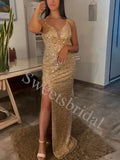 Sexy Spaghetti straps Side slit Mermaid Prom Dresses,SWW1740