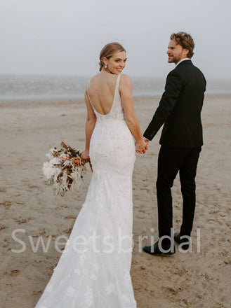 Simple Sexy Square neckline Spaghetti straps Mermaid Lace applique Wedding Dresses, DB0210