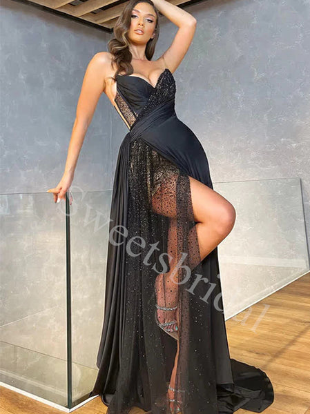 Sexy V-neck Sleeveless Side slit A-line Prom Dresses,SWW1727