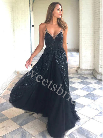 Elegant V-neck Spaghetti straps A-line Prom Dresses,SW1762