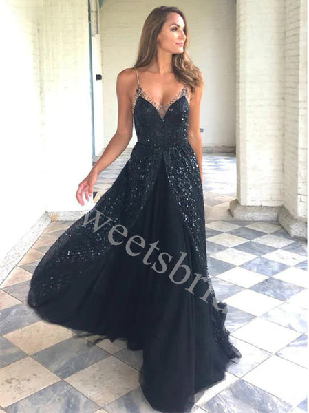 Elegant V-neck Spaghetti straps A-line Prom Dresses,SW1762