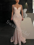 Sexy V-neck Spaghetti straps Sleeveless Mermaid Prom Dresses,SWW1738