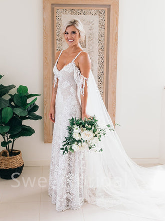 Simple V-neck Spaghetti straps Off-shoulder A-line Wedding Dresses,  DB0225