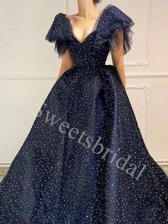 Elegant V-neck Cap sleeves A-line Prom Dresses,SWW1737