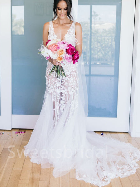 Sexy V-neck Mermaid Lace applique Wedding Dresses, DB0238