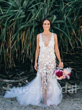 Sexy V-neck Mermaid Lace applique Wedding Dresses, DB0238