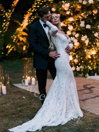 Sexy V-neck Off shoulder Long sleeves Mermaid Lace applique Wedding Dresses,DB0334