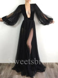 Sexy Deep V-neck Long sleeves Side slit A-line Prom Dresses,SW1561