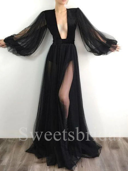 Sexy Deep V-neck Long sleeves Side slit A-line Prom Dresses,SW1561