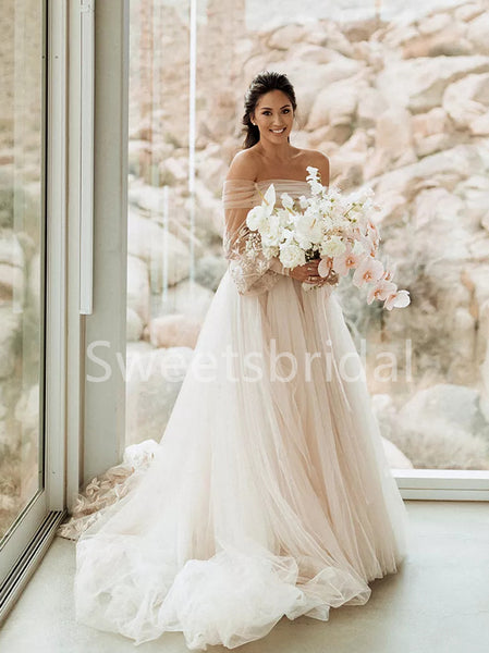 Elegant Off shoulder A-line Lace applique Wedding Dresses, DB0261