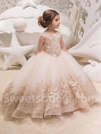 Beautiful Sleeveless Lace Applique Tulle A Line FlowerGirl Dresses, FGS0035