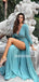 Elegant V-neck Side Slit Chiffon Long Sleeve Long Prom Dresses.SW1257