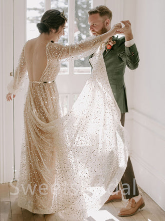 Simple V-neck Lone sleeves  A-line Open back Wedding Dresses,DB0216