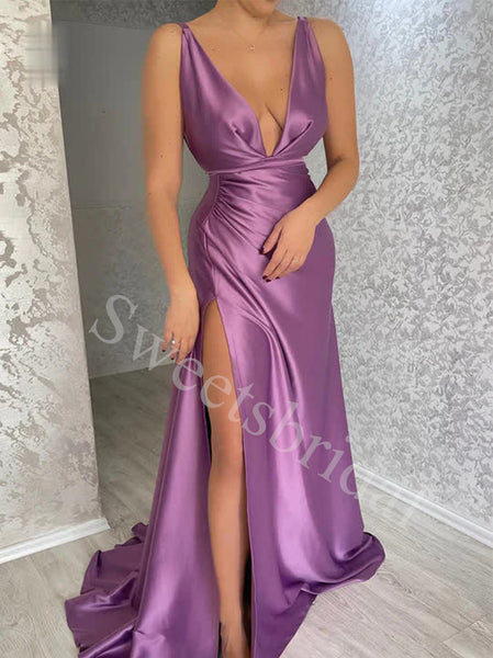Sexy Spaghetti straps V-neck Side slit Sheath Prom Dresses,SWW1736