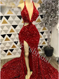 Sexy V-neck Halter Side slit Mermaid Prom Dresses,SWW1754