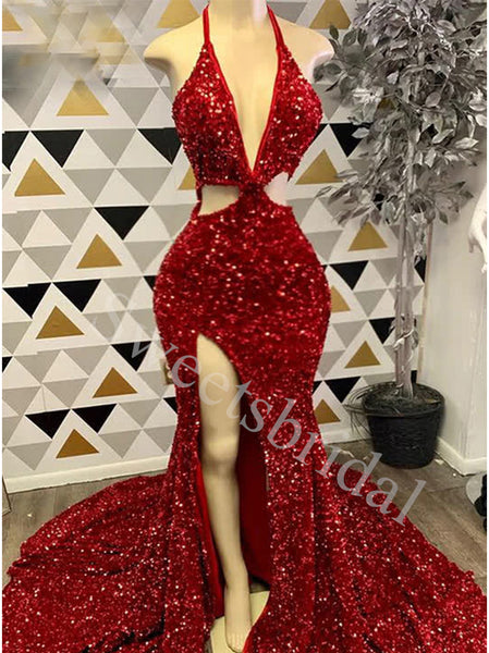 Sexy V-neck Halter Side slit Mermaid Prom Dresses,SWW1754