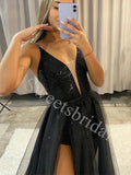 Sexy V-neck Spaghetti straps Side slit A-line Prom Dresses,SWW1753