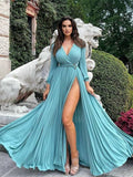Elegant V-neck Side Slit Chiffon Long Sleeve Long Prom Dresses.SW1257