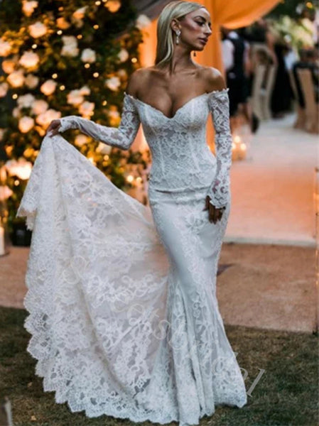 Sexy V-neck Off shoulder Long sleeves Mermaid Lace applique Wedding Dresses,DB0334