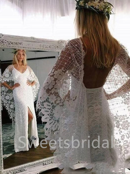 Sexy Long sleeves Open back Sheath Lace applique Wedding Dresses,DB0322