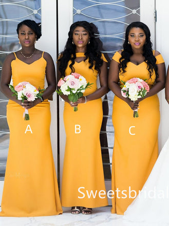 Mismatched off-shoulder V-neck Mermaid Floor-length Elegant Simple Long Bridesmaid Dresses ,SWE1344