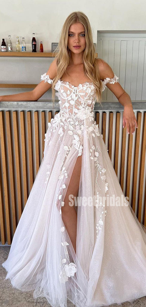 Charming Off-shoulder A-line Tulle Side Slit Long Wedding Dresses, WG213