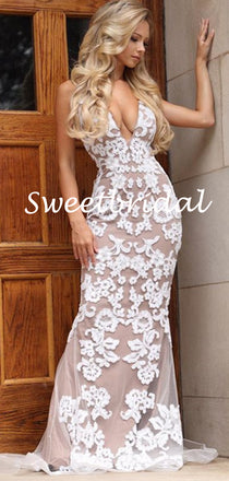New Arrival V-neck Mermaid Lace Tulle Evening Party Prom Dresses,SW1133