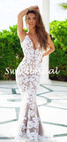 New Arrival V-neck Mermaid Lace Tulle Evening Party Prom Dresses,SW1133