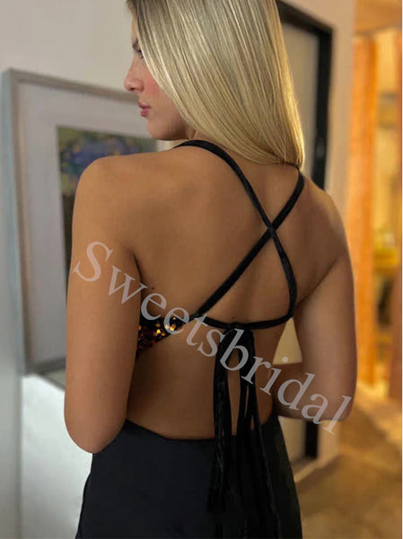 Sexy V-neck Spaghetti straps Side slit A-line Prom Dresses,SW1754