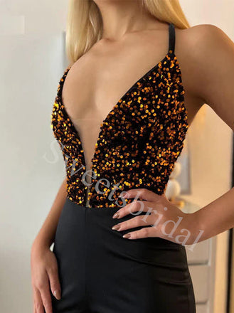 Sexy V-neck Spaghetti straps Side slit A-line Prom Dresses,SW1754