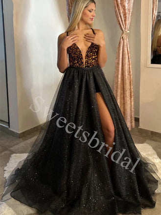 Sexy V-neck Spaghetti straps Side slit A-line Prom Dresses,SW1754
