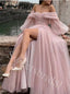 Sparkling Sweetheart Off shoulder Side slit A-line Prom Dresses,SW1934