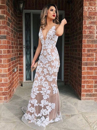 New Arrival V-neck Mermaid Lace Tulle Evening Party Prom Dresses,SW1133