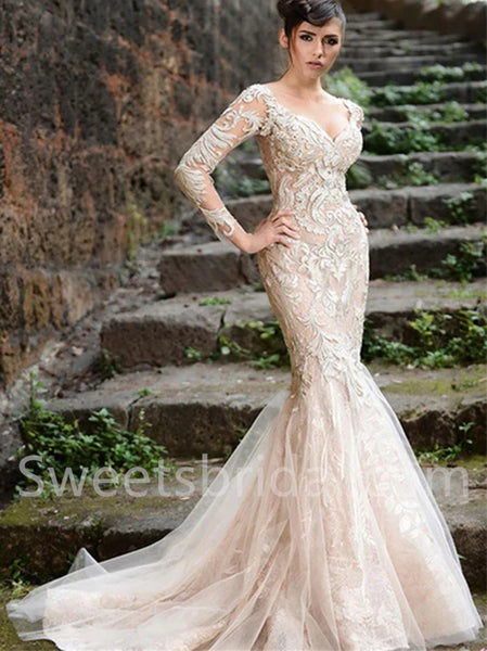 Elegant V-neck Long sleeves Mermaid Lace applique Wedding Dresses,DB0293