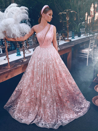 Newest One-shoulder A-line Lace Sequin Long Prom Dresses.SW1253