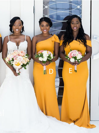 Mismatched off-shoulder V-neck Mermaid Floor-length Elegant Simple Long Bridesmaid Dresses ,SWE1344