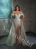 Elegant V-neck Off shoulder Side slit Sheath Long Prom Dress,SW1954