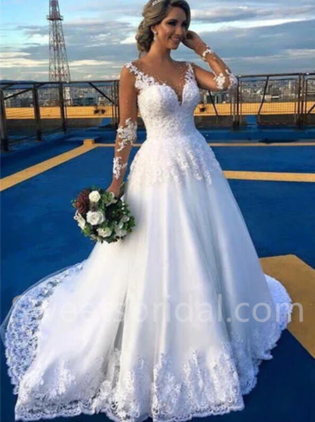 Elegant V-neck Long sleeves A-line Lace applique Wedding Dresses,DB0291