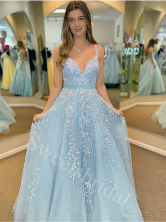 Elegant V-neck Spaghetti straps A-line Prom Dresses,SW1877